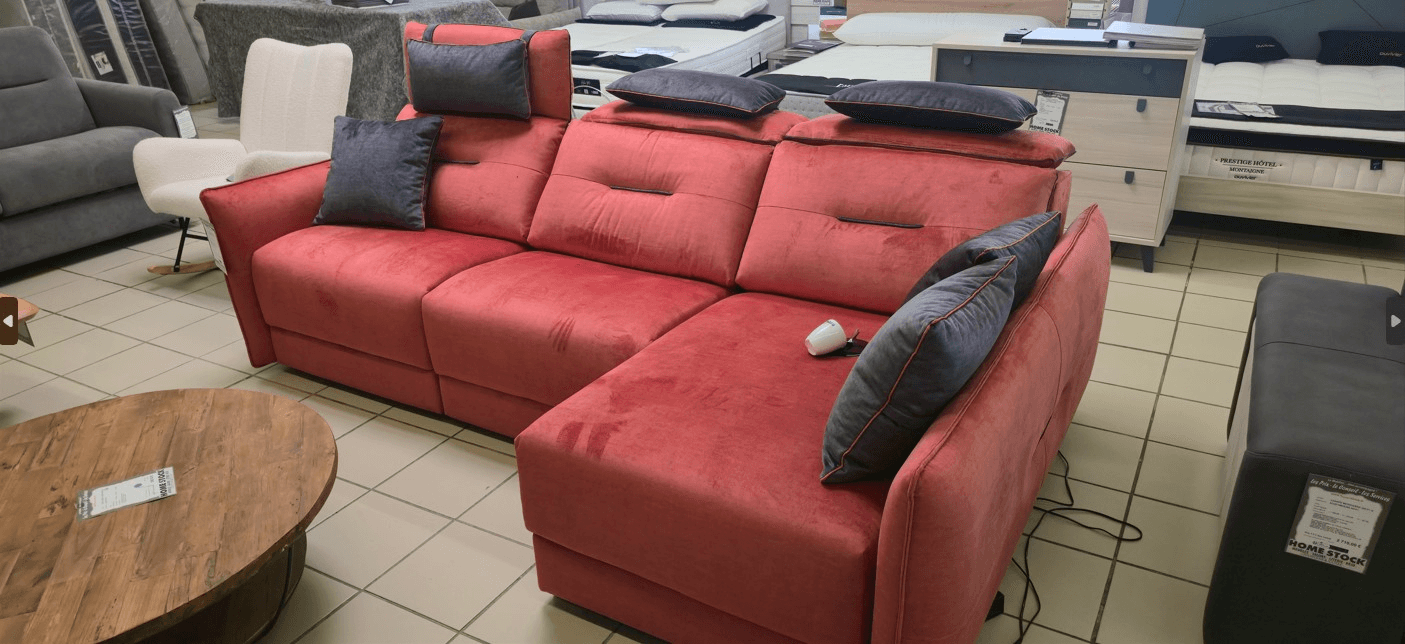 Canapé 2 relax électriques et méridienne coffre  coulissante électrique